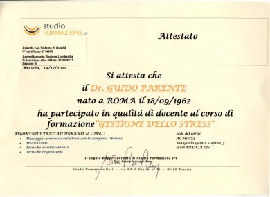 Attestato di docenza al corso di "Gestione dello stress" - Brescia - StudioNaturopatia GuidoParente